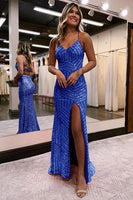 Load image into Gallery viewer, Sparkly Orange Open Back Sequins Long Prom Dress with Slit