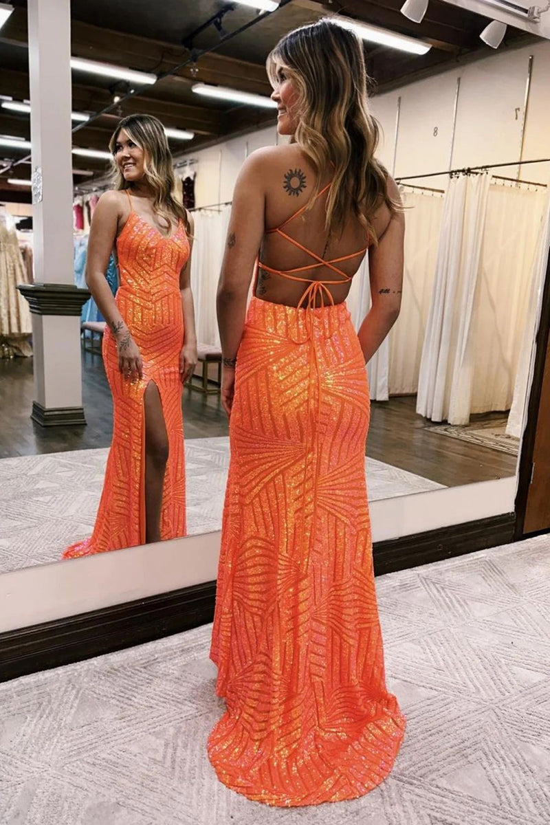 Queendancer Women Sparkly Orange Sequins Long Prom Dress with Slit Spaghetti Straps Open Back Evening Dress queendanceruk Queendancer Women Sparkly Orange Sequins Long Prom Dress with Slit Spaghetti Straps Open Back Evening Dress queendanceruk
