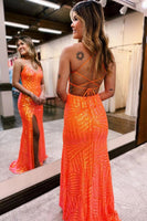 Load image into Gallery viewer, Sparkly Orange Open Back Sequins Long Prom Dress with Slit