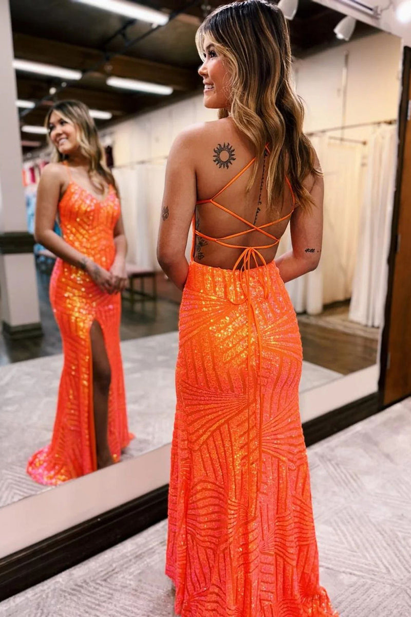 Load image into Gallery viewer, Sparkly Orange Open Back Sequins Long Prom Dress with Slit
