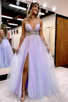 Load image into Gallery viewer, Lilac Beaded A-Line Tulle Prom Dress with Flowers