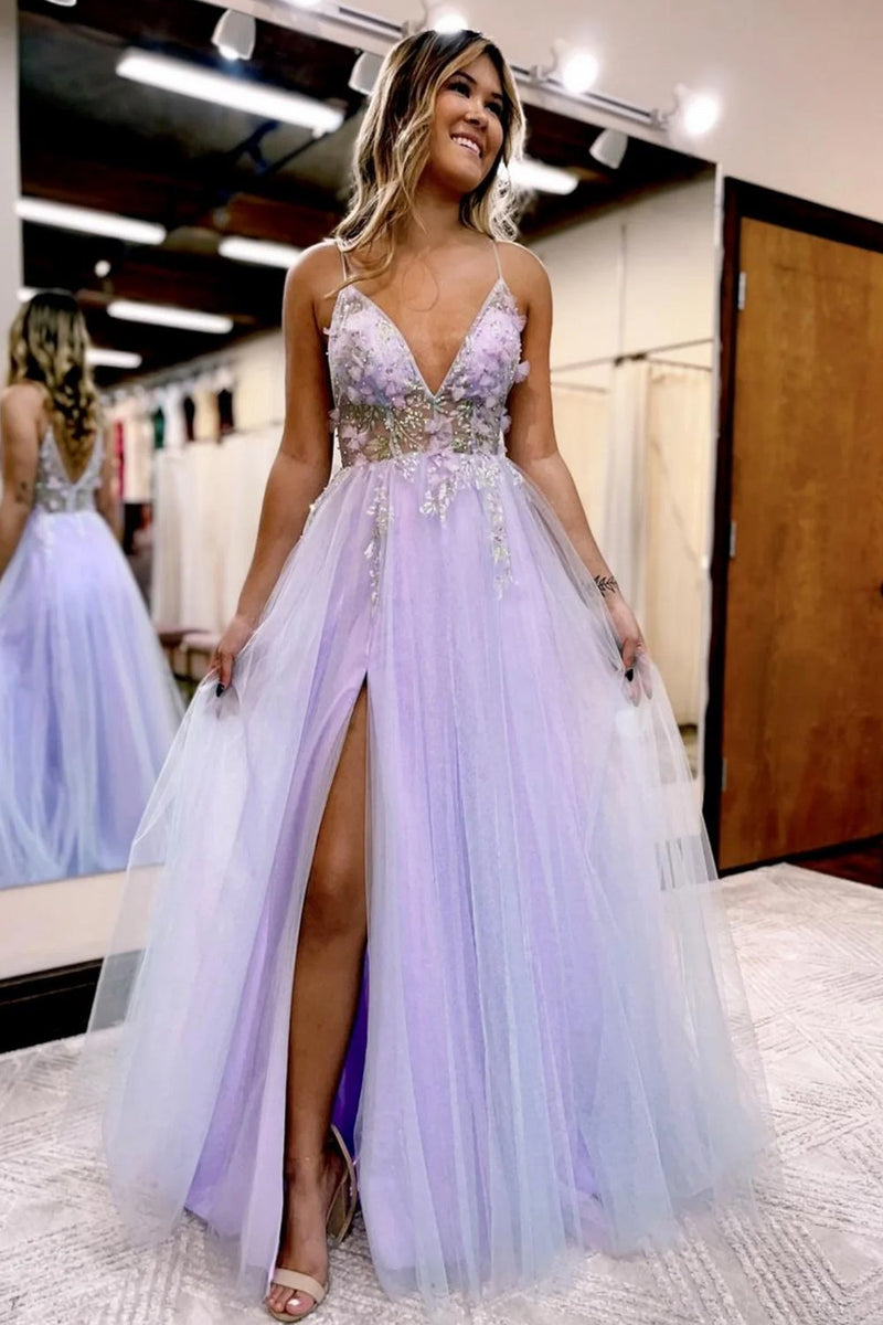 Load image into Gallery viewer, Lilac Beaded A-Line Tulle Prom Dress with Flowers
