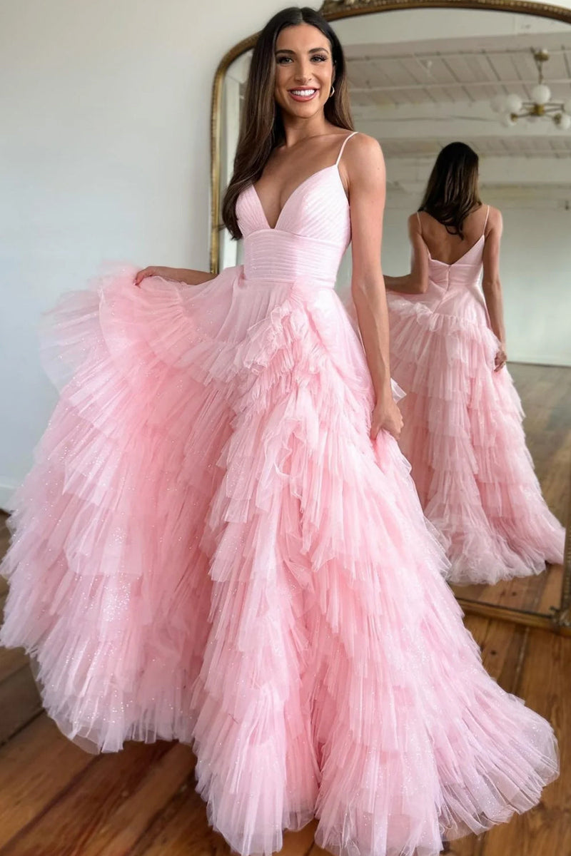 Queendancer Women Light Pink Tiered Tulle A-Line Long Prom Dress Spaghetti Straps Formal Dress queendanceruk Queendancer Women Light Pink Tiered Tulle A-Line Long Prom Dress Spaghetti Straps Formal Dress queendanceruk