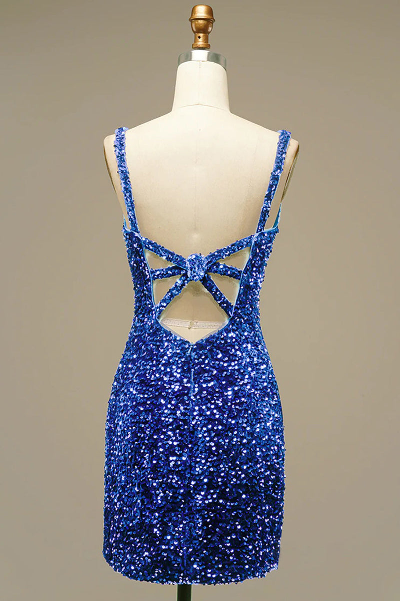 Queendancer Women Sparkly Royal Blue Tight Sequins Party Dress V