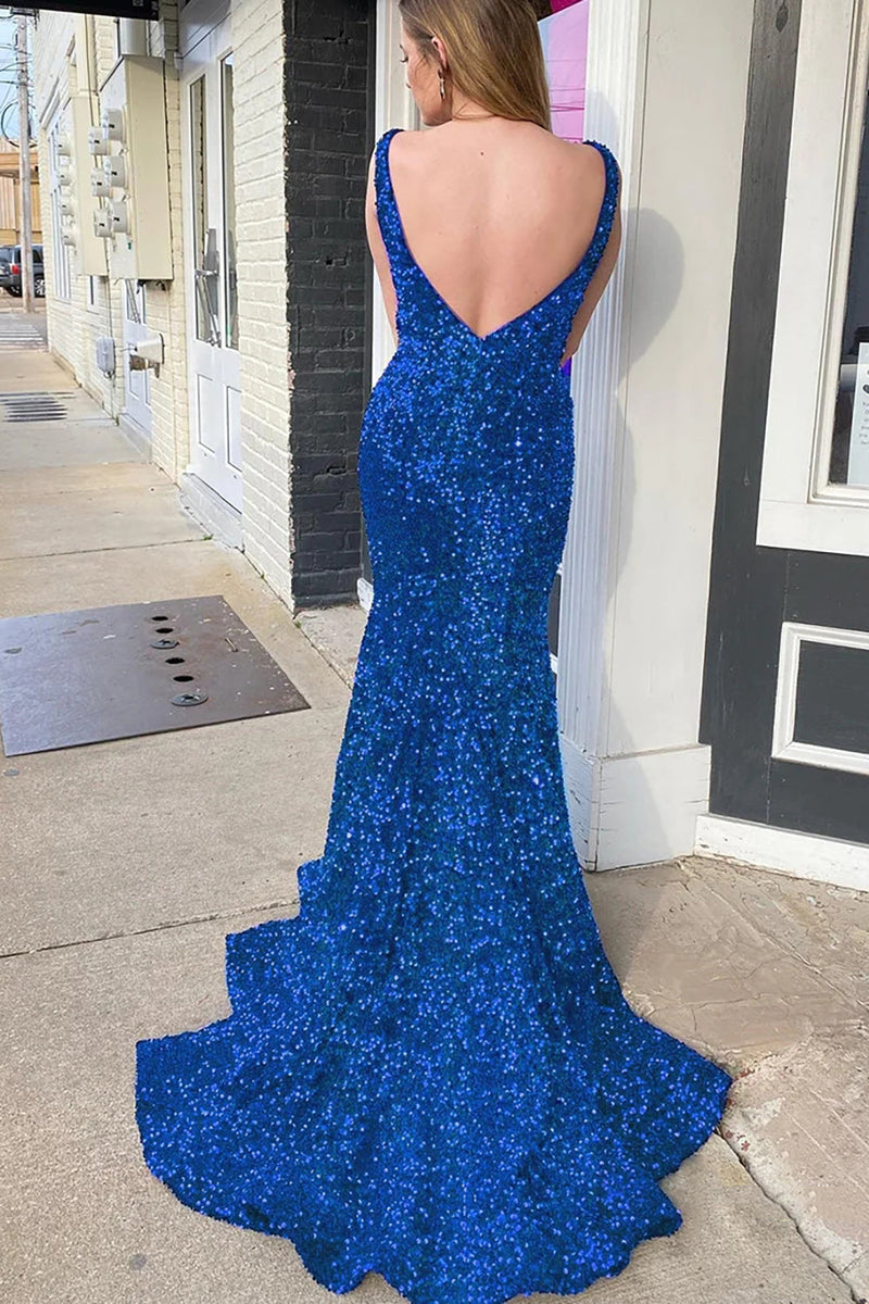Load image into Gallery viewer, Blue Sequins Mermaid Prom Dress