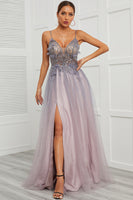 Load image into Gallery viewer, Purple Spaghetti Straps Long Prom Dress with Split Front