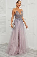 Load image into Gallery viewer, Purple Spaghetti Straps Long Prom Dress with Split Front