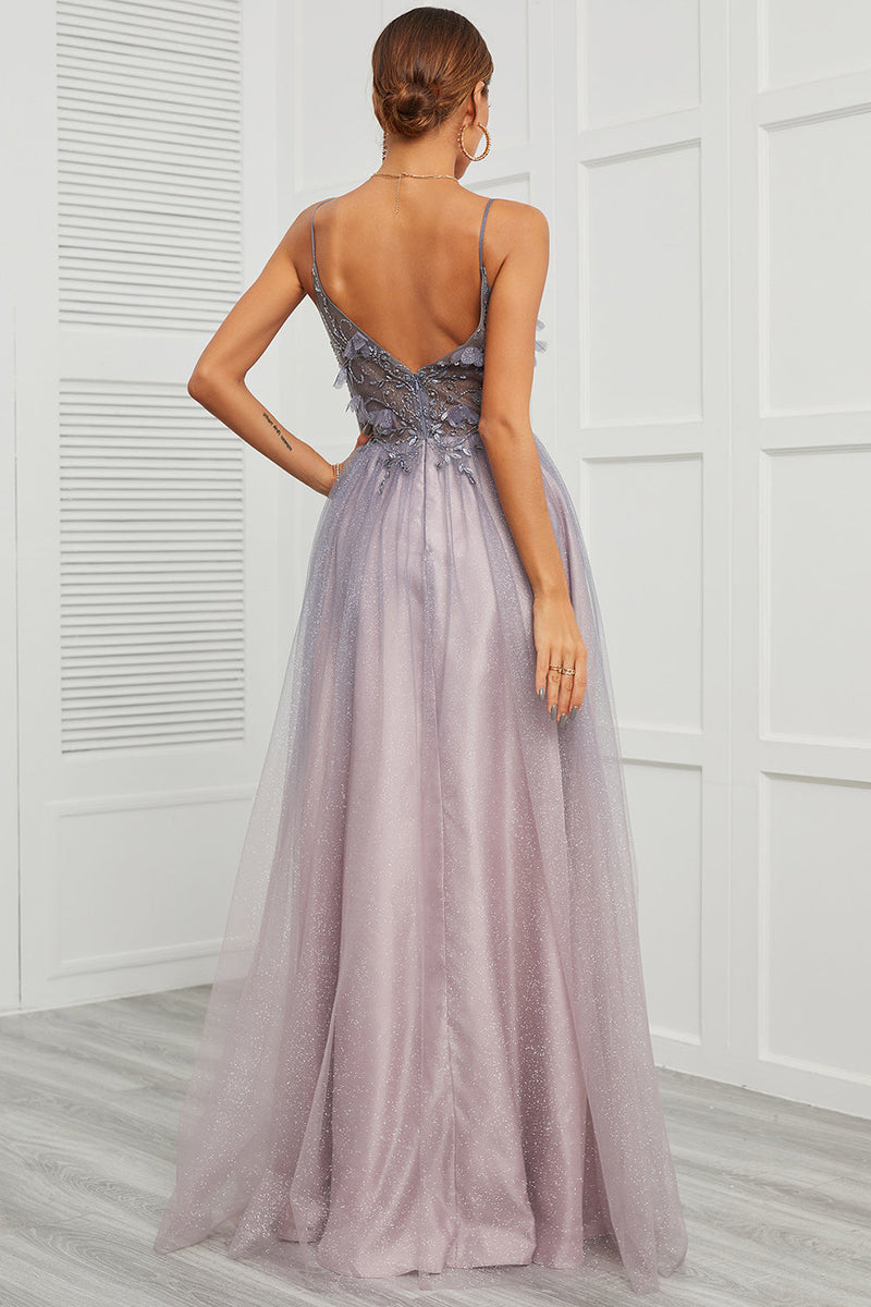Load image into Gallery viewer, Purple Spaghetti Straps Long Prom Dress with Split Front