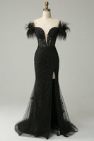 Load image into Gallery viewer, Black Mermaid Lace Long Prom Dress with Feathers