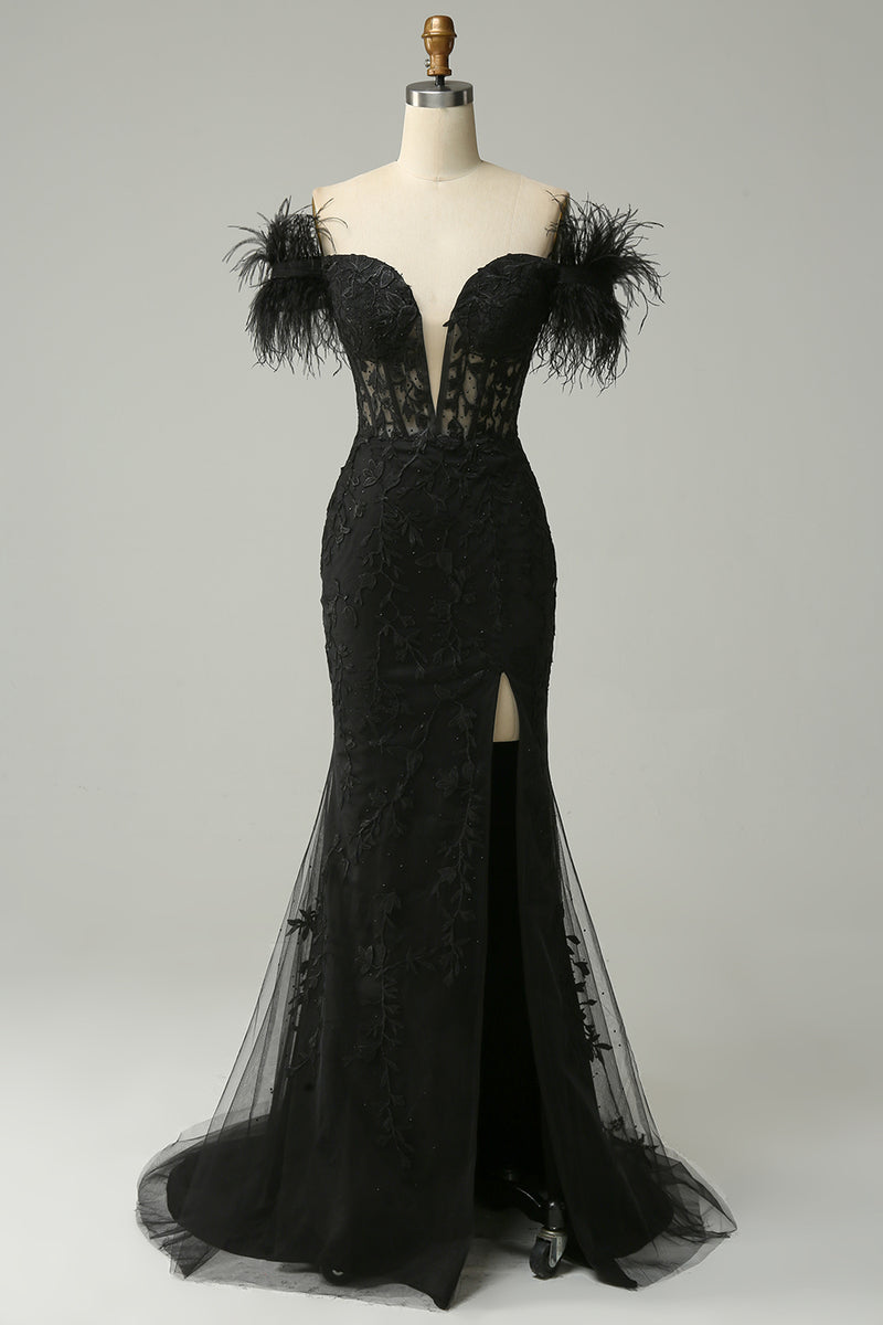 Load image into Gallery viewer, Black Mermaid Lace Long Prom Dress with Feathers