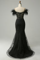 Load image into Gallery viewer, Black Mermaid Lace Long Prom Dress with Feathers
