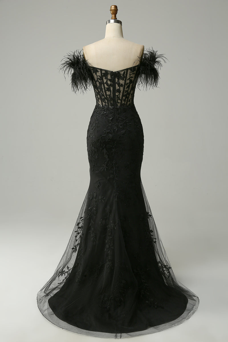 Load image into Gallery viewer, Black Mermaid Lace Long Prom Dress with Feathers