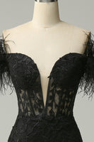 Load image into Gallery viewer, Black Mermaid Lace Long Prom Dress with Feathers