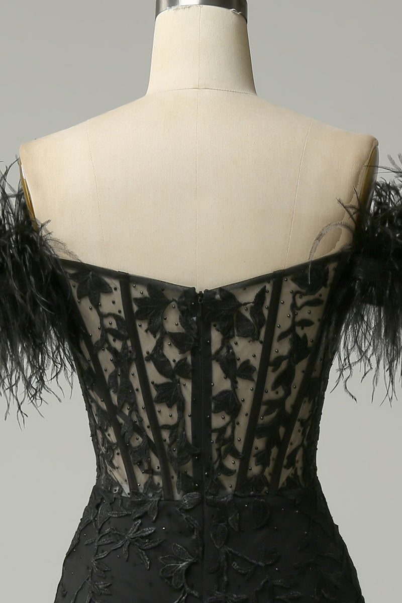 Load image into Gallery viewer, Black Mermaid Lace Long Prom Dress with Feathers