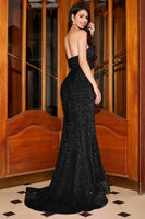 Load image into Gallery viewer, Sparkly Mermaid Sweetheart Sweep Train Black Prom Dress With Sequins
