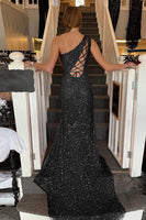 Load image into Gallery viewer, Sheath One Shoulder White Sequins Long Prom Dress with Split Front