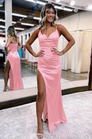 Load image into Gallery viewer, Hot Pink Satin V-Neck Simple Prom Dress with Slit