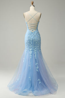 Tulle Deep V-Neck Blue Long Prom Dress with Appliques