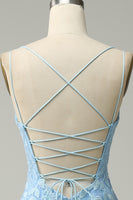 Load image into Gallery viewer, Tulle Deep V-Neck Blue Long Prom Dress with Appliques