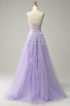 A-Line Spaghetti Straps Long Purple Prom Dress with Appliques