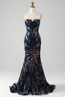 Load image into Gallery viewer, Sparkly Navy Mermaid Sequins Long Prom Dress