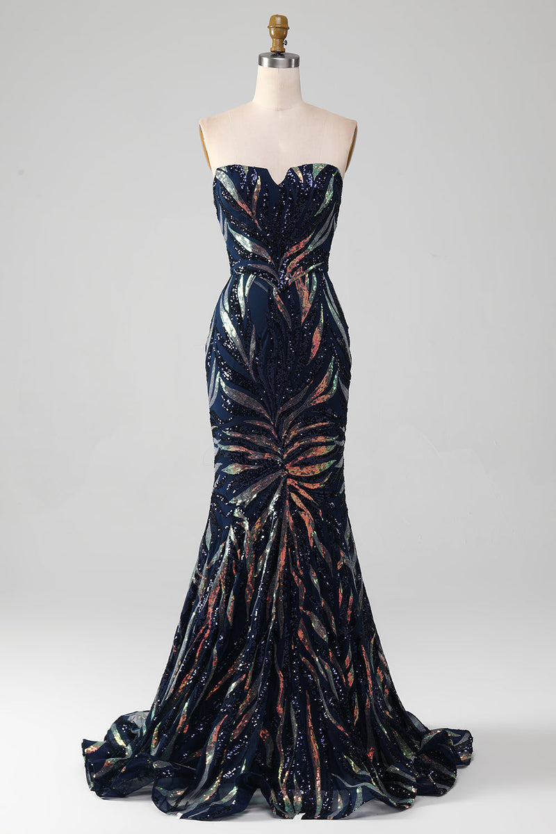 Load image into Gallery viewer, Sparkly Navy Mermaid Sequins Long Prom Dress