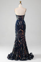 Load image into Gallery viewer, Sparkly Navy Mermaid Sequins Long Prom Dress