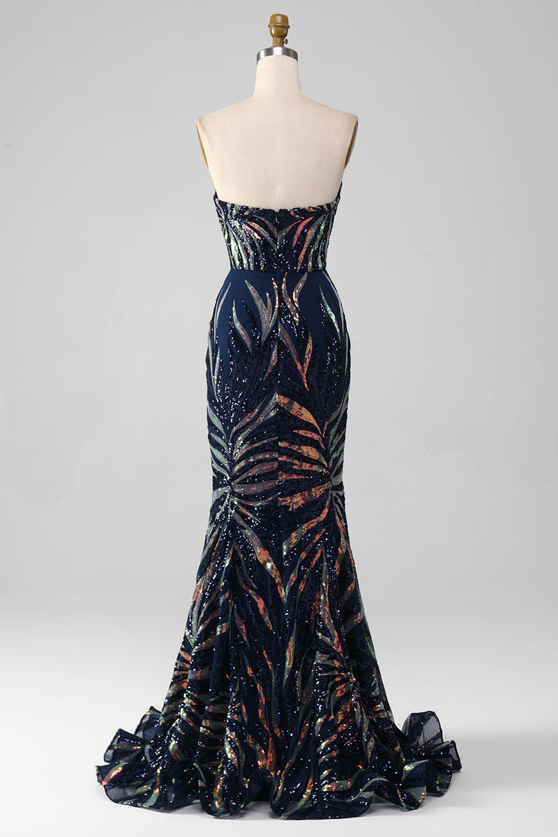 Load image into Gallery viewer, Sparkly Navy Mermaid Sequins Long Prom Dress