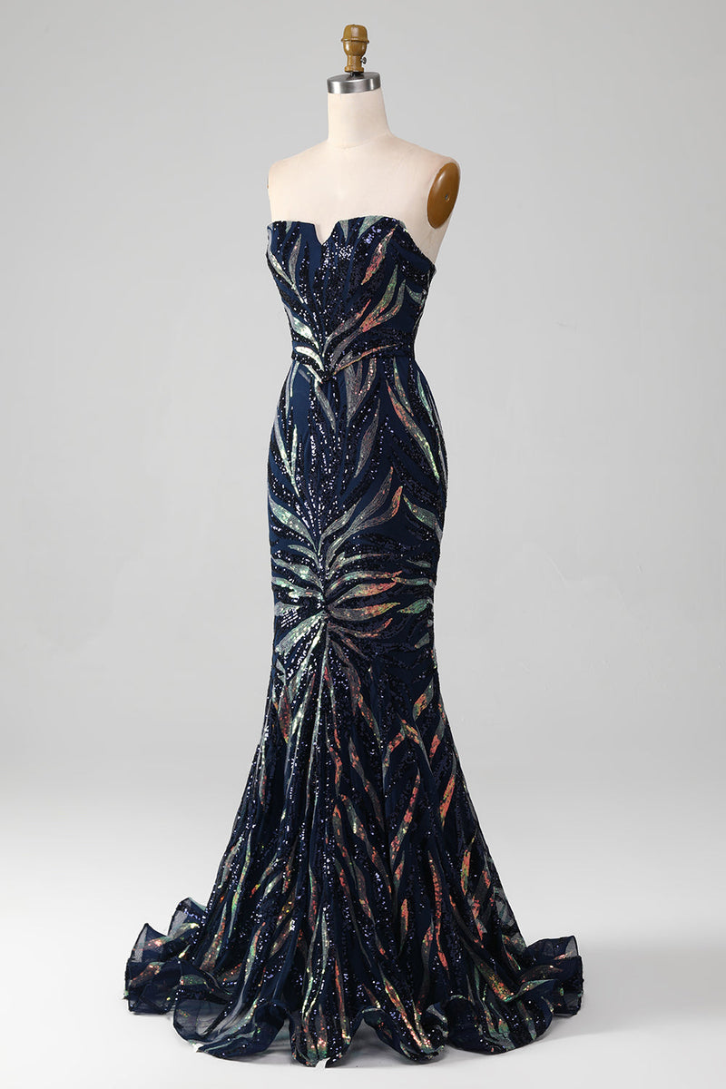 Load image into Gallery viewer, Sparkly Navy Mermaid Sequins Long Prom Dress