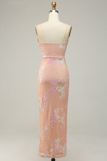 Light Pink Spaghetti Straps Jacquard Long Prom Dress with Slit