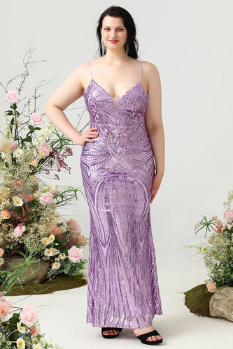 Sheath Spaghetti Straps Light Purple Sequins Plus Size Prom Dress