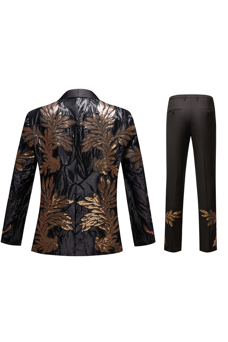 Load image into Gallery viewer, Black and Gold Jacquard Sequins Men's 2 Piece Prom Suits