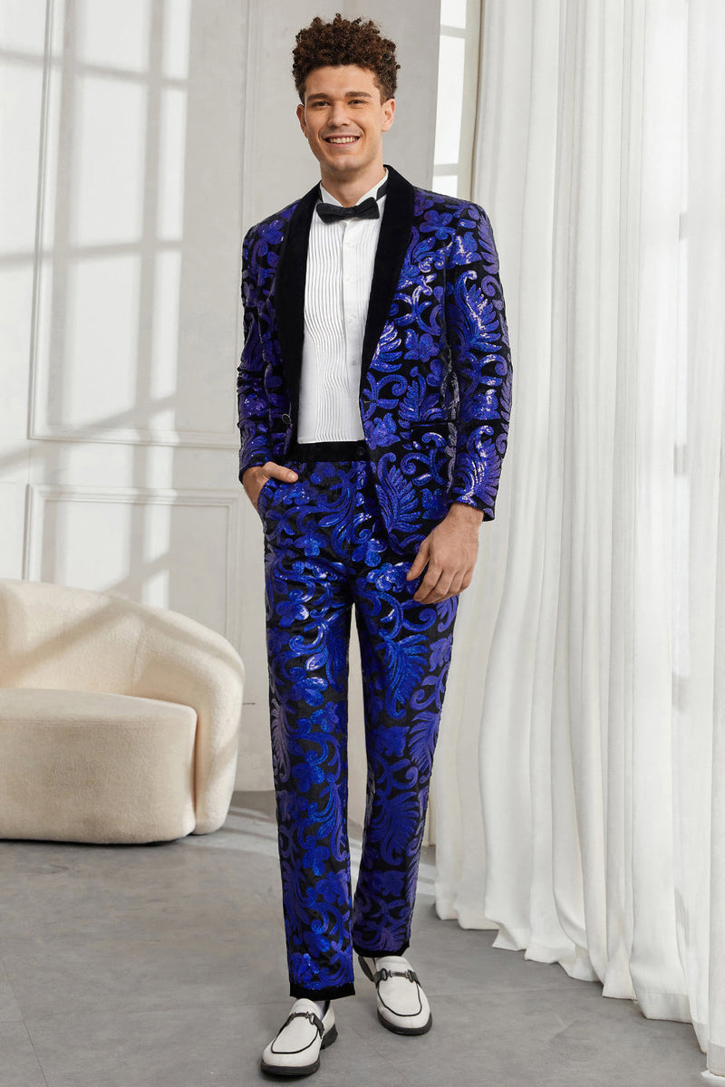 Load image into Gallery viewer, Shawl Lapel One Button Royal Blue Sequins Men's 2 Pieces Suits