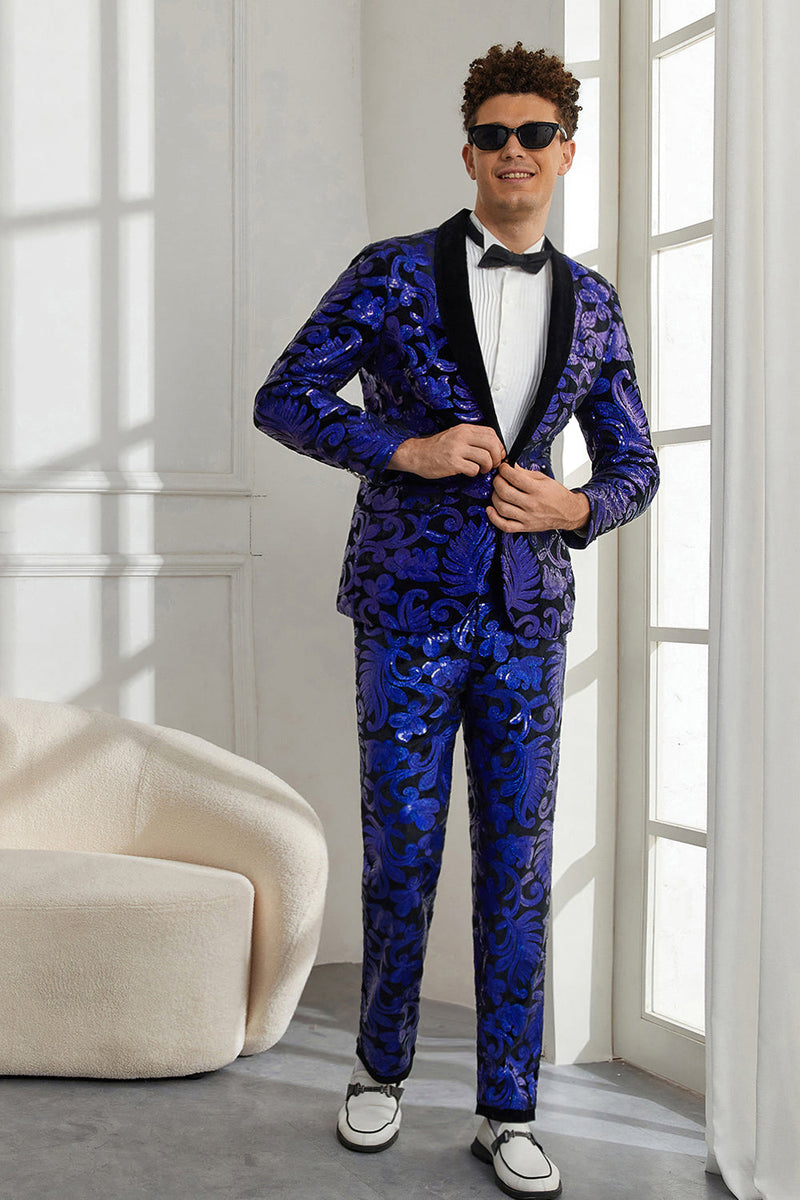 Load image into Gallery viewer, Shawl Lapel One Button Royal Blue Sequins Men's 2 Pieces Suits