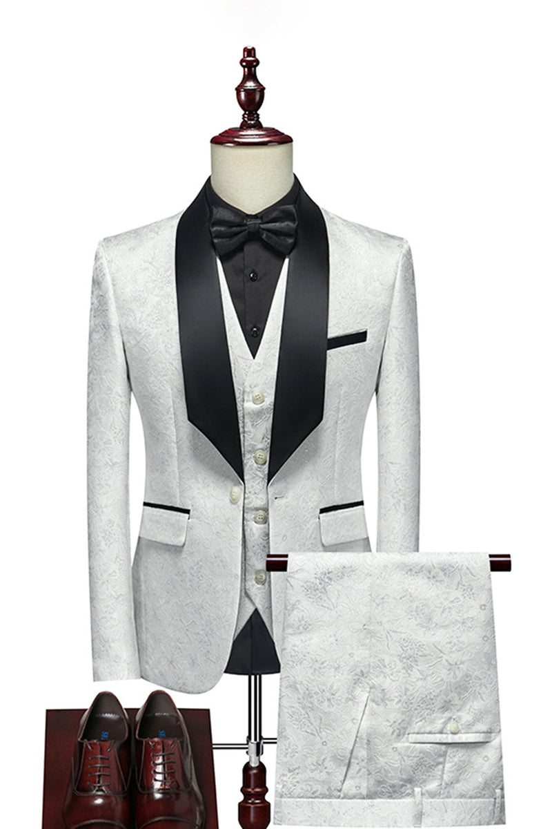 Load image into Gallery viewer, White Jacquard 3 Pieces Men's Suits Shawl Lapel Tuxedo