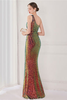 Colorful One Shoulder Sequined Mermaid Evening Dress