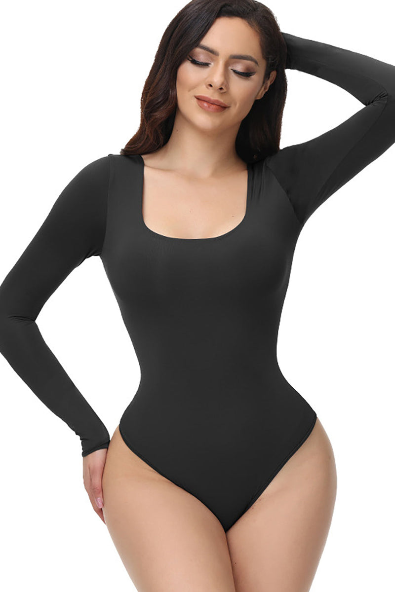 Queendancer Women Black Long Sleeves Scoop Neck Tummy Control