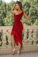 Load image into Gallery viewer, Black One Shoulder Sequin Cocktail Dress With Tassels