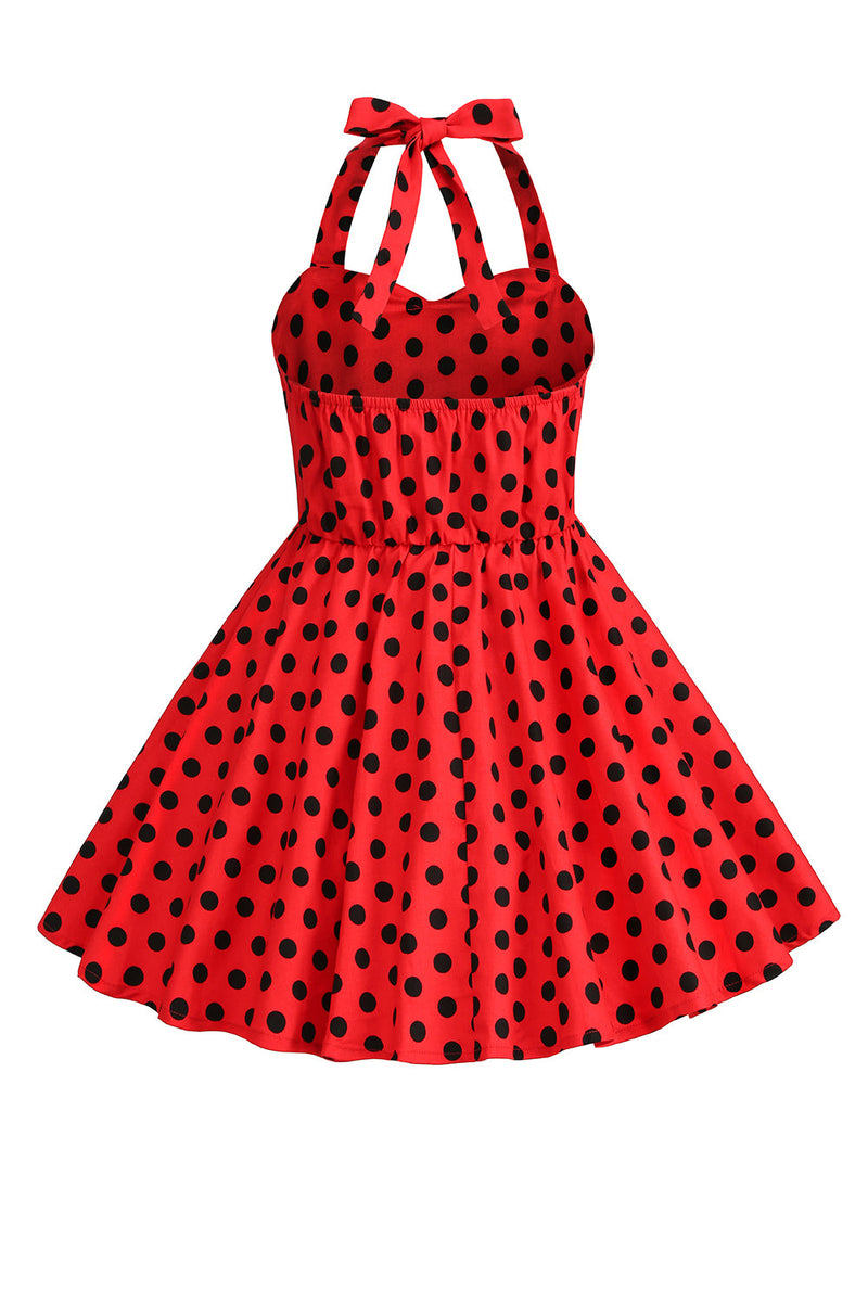 Queendancer Red Vintage Girls Dress with Bow A Line Halter Sleeveless Polka Dot 50 s Girls Dress queendanceruk
