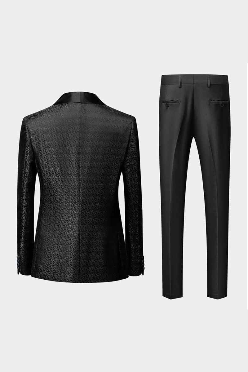 Load image into Gallery viewer, Black Shawl Lapel Jacquard 3 Pieces Men's Suits