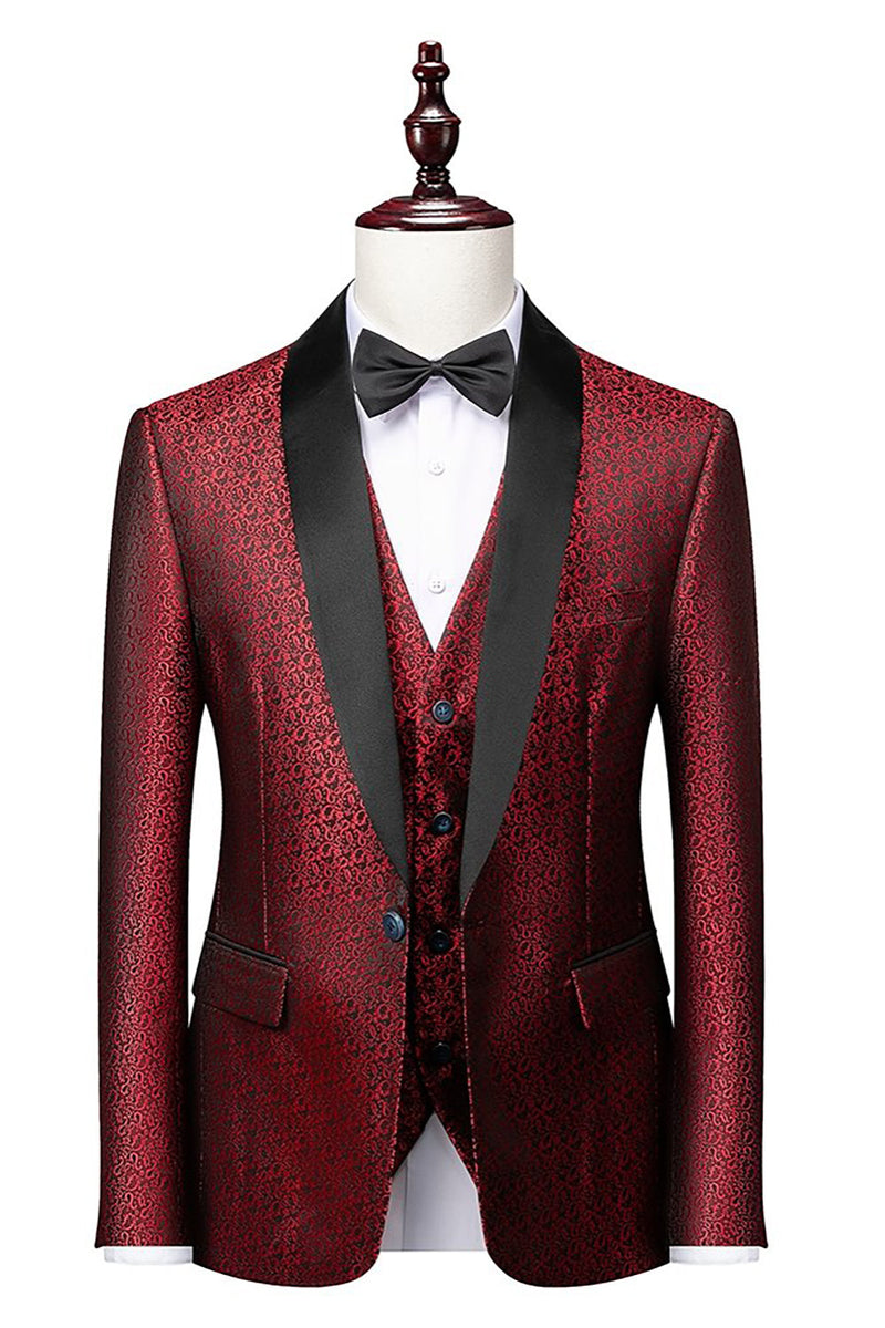 Load image into Gallery viewer, Black Shawl Lapel Jacquard 3 Pieces Men's Suits