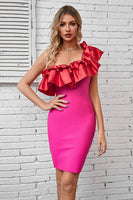 Load image into Gallery viewer, Hot Pink One Shoulder Cocktail Dress with Ruffles