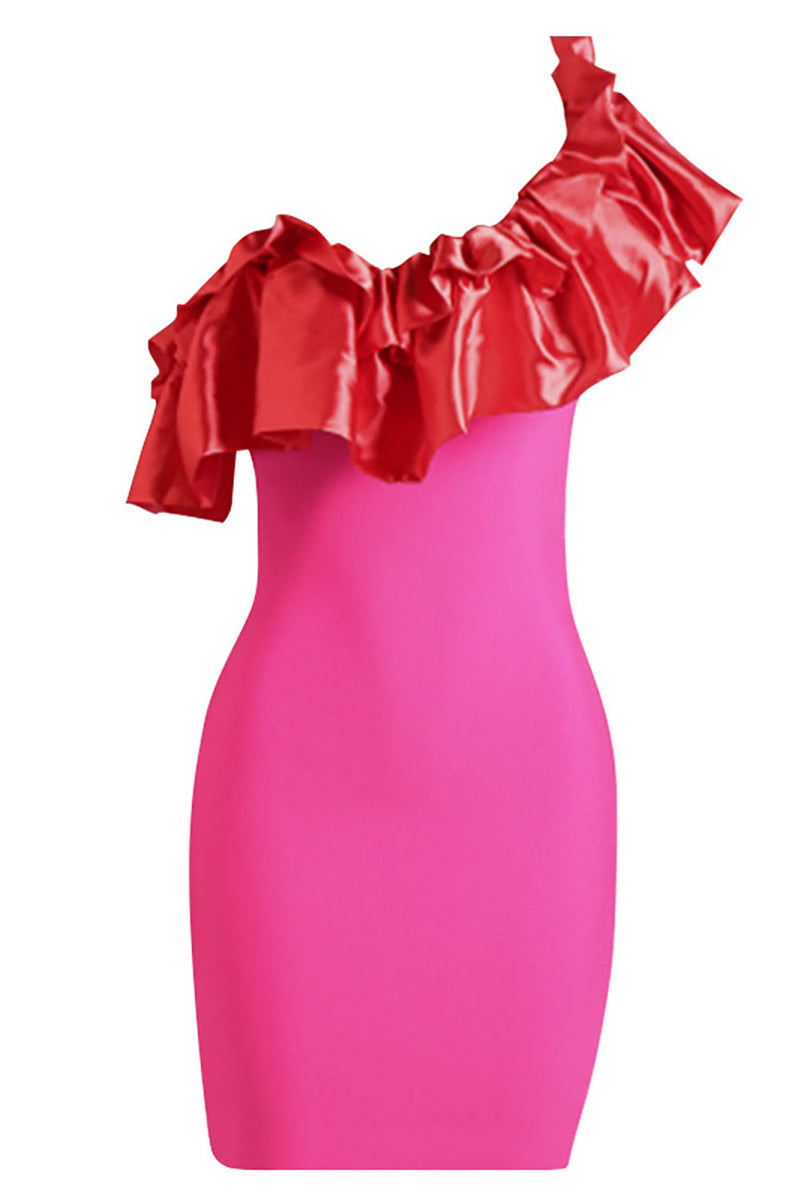 Load image into Gallery viewer, Hot Pink One Shoulder Cocktail Dress with Ruffles