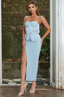 Load image into Gallery viewer, Light Blue Spaghetti Straps Formal Party Dress with Fringes