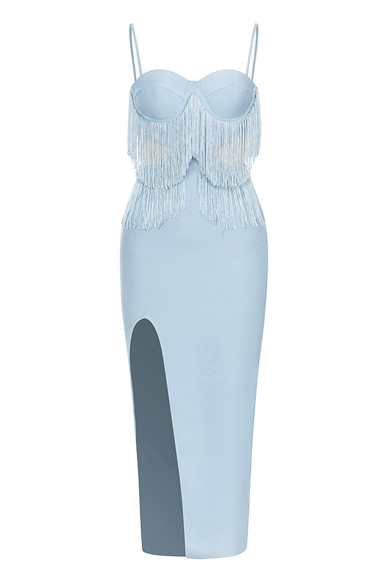 Load image into Gallery viewer, Light Blue Spaghetti Straps Formal Party Dress with Fringes