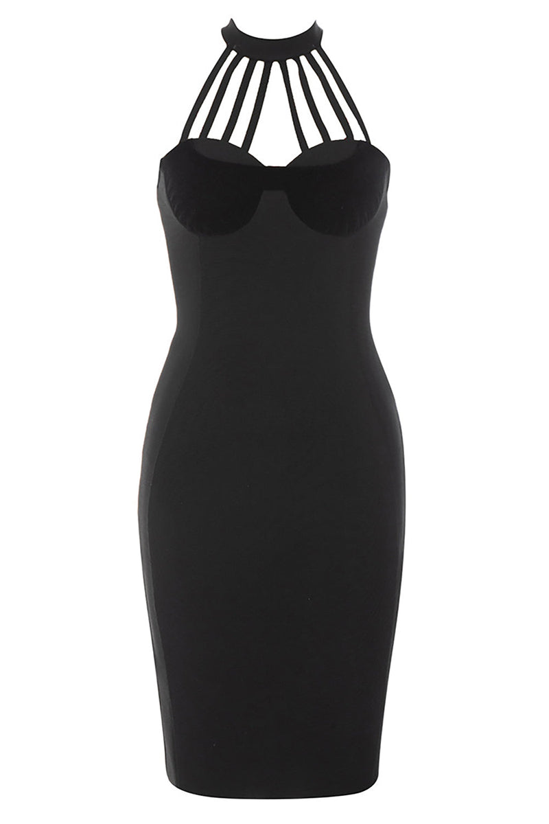 Load image into Gallery viewer, Black Bodycon Halter Semi Prom Dress