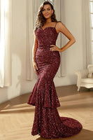 Load image into Gallery viewer, Burgundy Sparkly Sequins Mermaid Prom Dress