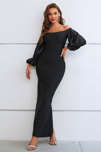 Mermaid Off The Shoulder Black Prom Dress with Puff Sleeves