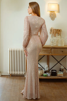 Glitter Mermaid Long Sleeves Apricot Prom Dress