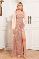Load image into Gallery viewer, Long Sleeves Sequins Champagne Formal Dress with Slit